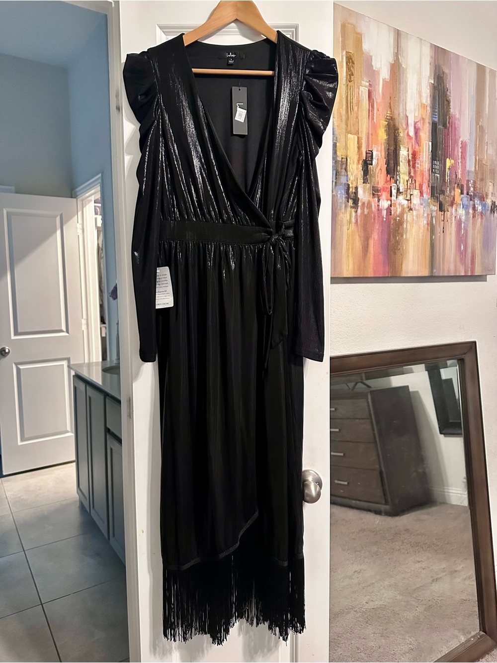 Lulu's Shiny Black Wrap Maxi Dress with Fringe Hem